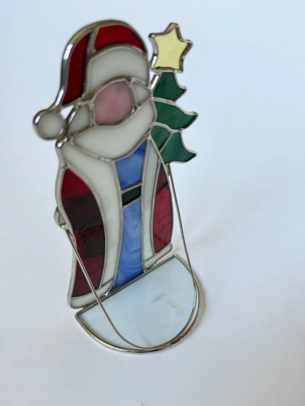 Santa Claus Suncatcher Stained Glass Vintage Tree Lantern Candle Holder Tealight